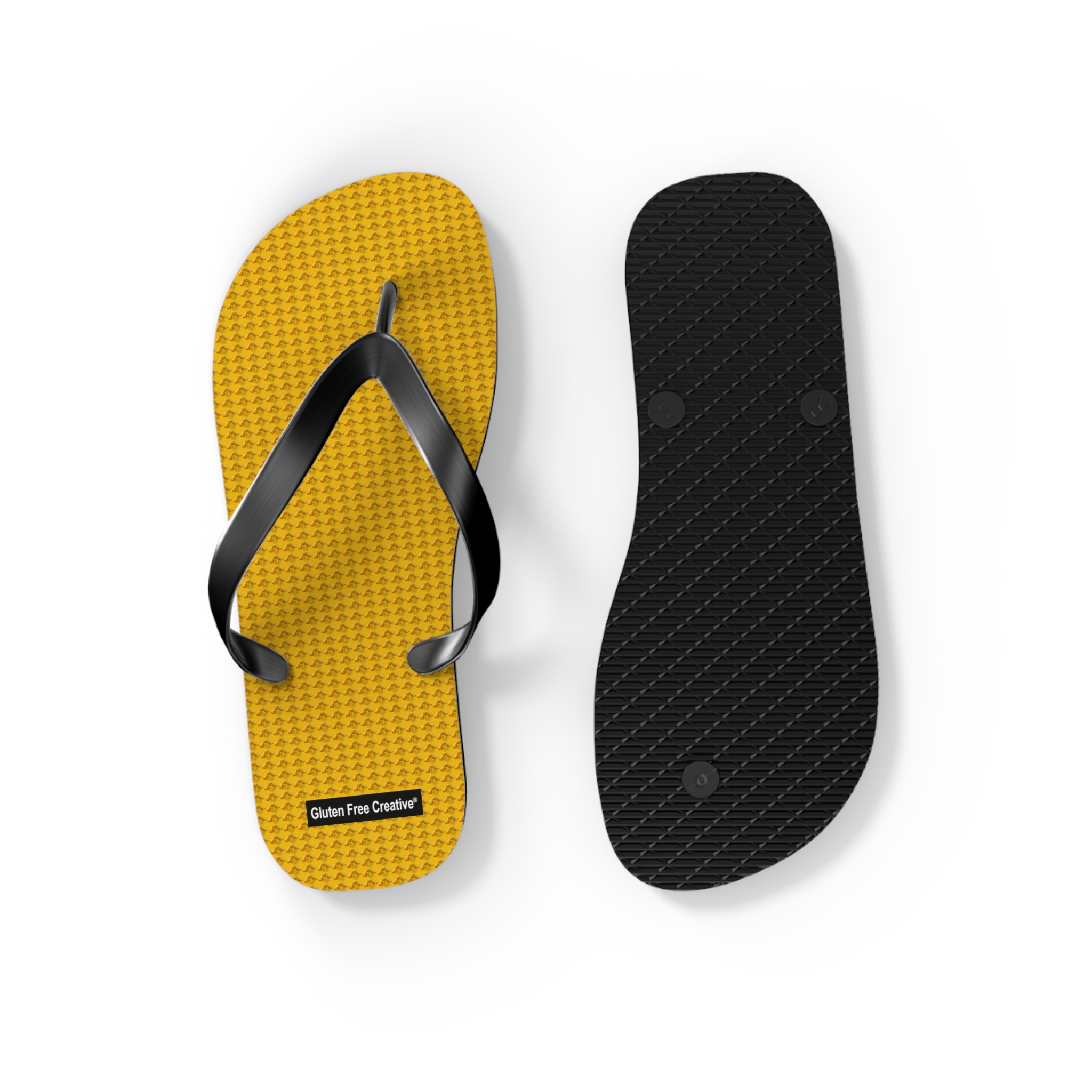 Small Unisex Flip Flops - Yellow Citrus Splash Gluten Free Creative® Design - Image 2
